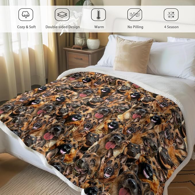 BlessLiving Fuzzy Dogs Blanket for Kids Adults Cute Puppy Fleece Blanket Reversible Animal Pattern Sherpa Throw (German Shepherd Dog,Throw, 50 x 60 Inches)
