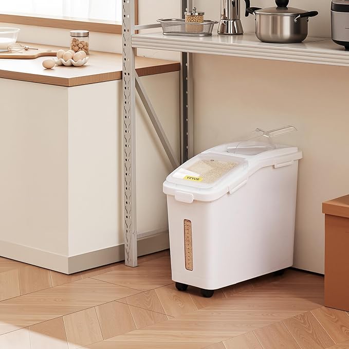 VEVOR Ingredient Storage Bin, 11.4 Gallon Capacity Shelf Ingredient Bin, 280 Cup Flour Bins on Wheels Commercial Prosave Shelf-storage Ingredient Bin with Lid and Scoop Rice Bin for Kitchen White | Ideal for Kitchen Rice, Dog Food, Flour, Sugar Storage...