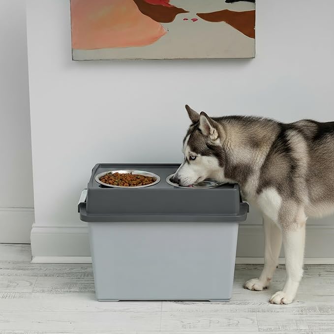 IRIS USA Dog Bowls Elevated with Storage, 15" H Raised Feeding Station, Dog Bowl Stand with Airtight Food Storage Holds 47 lbs, 2 Removable 64 oz Stainless Steel Bowls for Large Dogs, Gray/Dark Gray