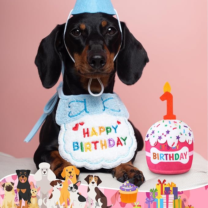 Dansydaisy Dog Birthday Cake Toy Accessories for Girl Boy Gifts, Squeaky Plush Toy for Dog Birthday Party Decor Favor for Large, Medium and Small Dogs(1st,Pink)