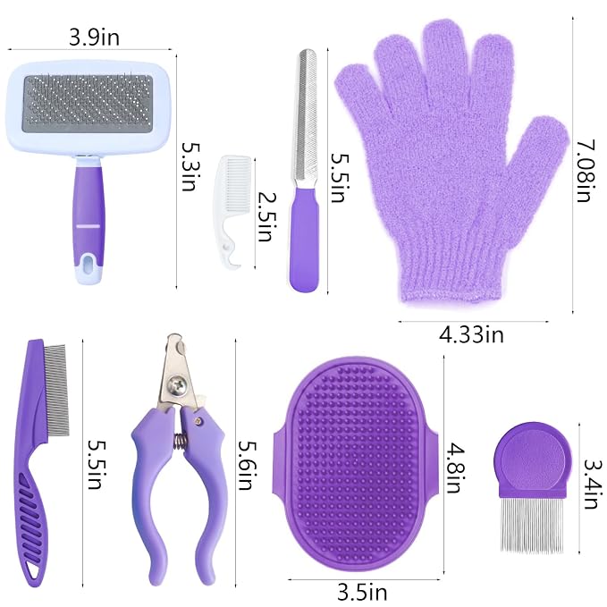 VCZONE 8 Pcs Small Animal Grooming Kit, Rabbit Grooming Kit with Pet Nail Clipper and File, Flea Comb, Pet Shampoo Bath Brush, Pet Shedding Slicker Brush, Bath Massage Glove, Cleaning Comb (Purple)