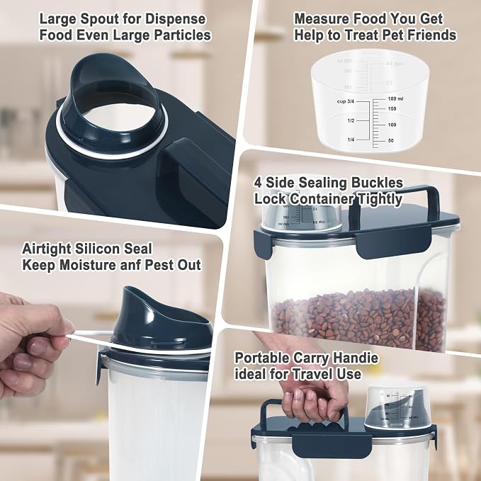 Dog Cat Food Storage Container with Cup (Ink Blue, 5L) | Pet Food Pourable Container Airtight with Large Spout, BPA-Free Plastic Food Dispenser for Pet Food, Bird Seed, Rice, Flour