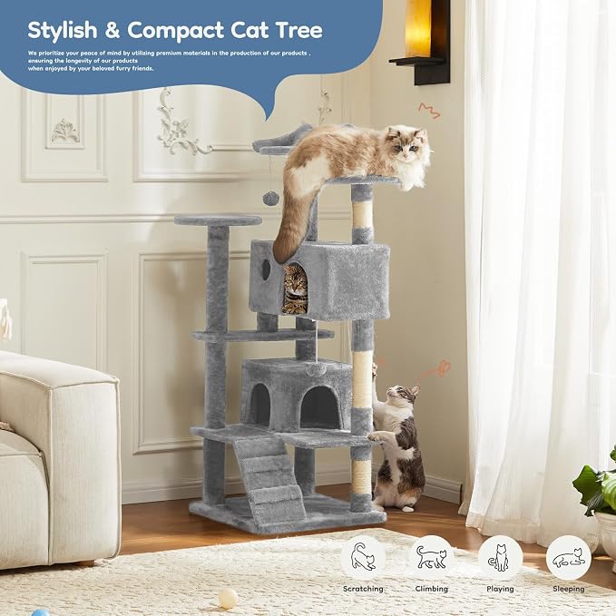 DUMOS 54 Inch Cat Tree Tower with Scratching Posts | Indoor Multi-Level Pet House for Large Cats with 2 Condos, Round Platform, Small Ladder and Toys, Light Grey