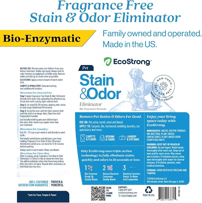 Eco Strong Pet Stain and Odor Remover - Cat Urine Enzyme Cleaner, Urine Destroyer for Dogs, Pet Urine Enzyme Cleaner [All New Fragrance Free] - 32oz