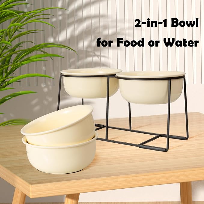 Ceramic Elevated Dog Bowl Set - Raised Double Feeding Bowls with Metal Stand - Pet Dishes for Medium and Large Dogs - 5.8 Cups - 47.3 fl oz - Beige