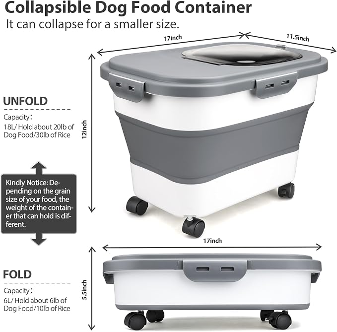 Viretec Dog Food Storage Container, 10-20Lbs Collapsible Pet Food Storage Containers with Rolling Wheel Airtight Locking Lid, Dry Food Storage Bin with Cup and Scoop,Suitable for Pet Food, Rice, Flour