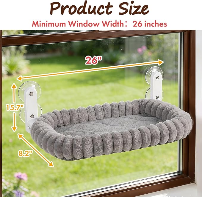 Zoratoo 2PC Cat Window Perch with Bolster Foldable Cat Hammock Cushion Bed for Window with Metal Frame, Cloud-Cuddle Cordless Window Resting Seat for Indoor Cats (Cushion Bed, Gray-L)