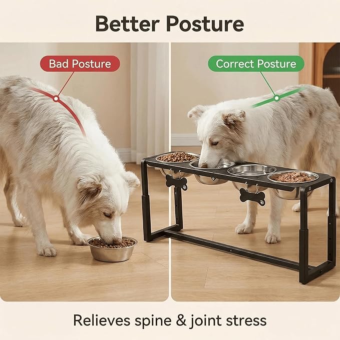 Metal Elevated Dog Bowls, Raised Dog Bowls for Medium/Large Sized Dogs with Four 58oz Stainless Steel Food Bowls, 3 Adjustable Height (8.8"/11.5"/14") Dog Bowl Stand Protect Neck & Joints