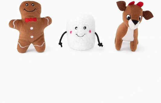 ZippyPaws Christmas Dog Toys, Holiday Miniz 3-Pack - Stuffed Animals for Small & Medium Puppies, Plush Interactive Squeakers, Stocking Stuffer Gifts for Pets - Gingerbread, Marshmallow, & Reindeer