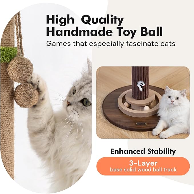 WOOCHPET Cat Scratching Post for Indoor Cats 35" Tall, Sisal Cat Scratcher with Mouse Toy and Track Balls, Wooden Base (Brown)