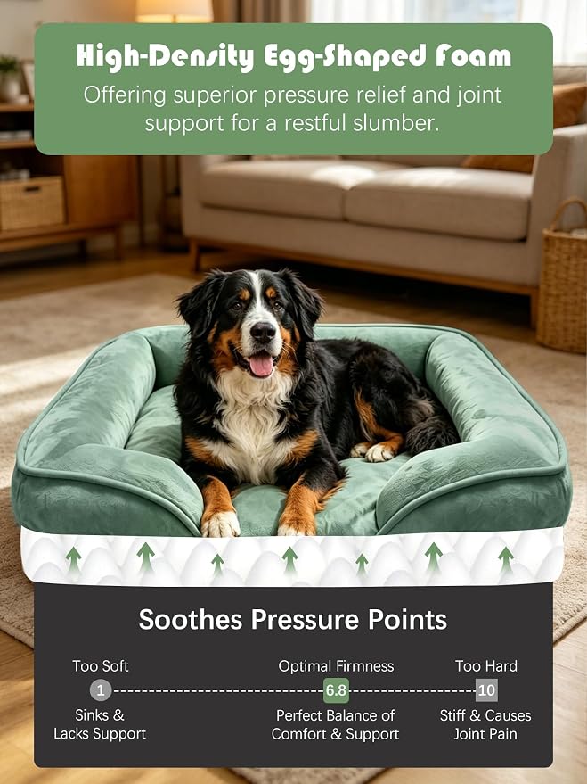 Spotted Play Orthopedic Dog Bed with Sides - Sofa Beds for Extra Large Dogs, Supportive Foam Pet Couch Bed with Washable Removable Cover, Waterproof Lining and Non-Slip Bottom, Green - XL-Plus