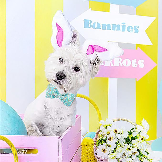 DOGWONG Easter Dog Collar Rabbit Dog Collar with Bow Adjustable Bowtie Blue Bunny Dog Collars for Small Medium Large Dogs