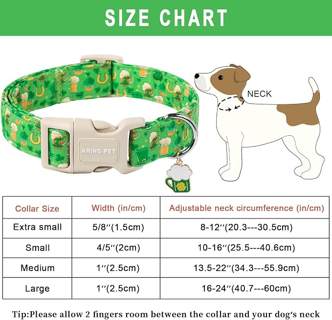 ARING PET St Patrick's Day Dog Collar, Cute Green Lucky Clovers Adjustable Shamrock Pet Collars Trefoil Puppy Collar Gifts with Quick Release Buckle for Girl&Boy Dogs-L