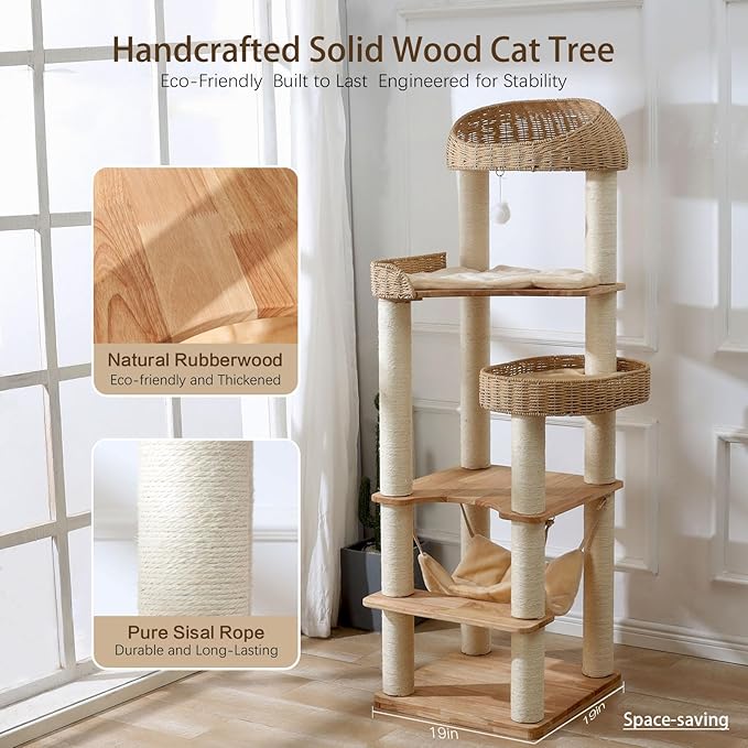Wooden Cat Tree for Indoor Cats, 62 in Tall Cat Tower | with Scratching Post for Large Cats, Solid Wood Cat Condo, with Handwoven Basket and Hammock, Easy to Clean