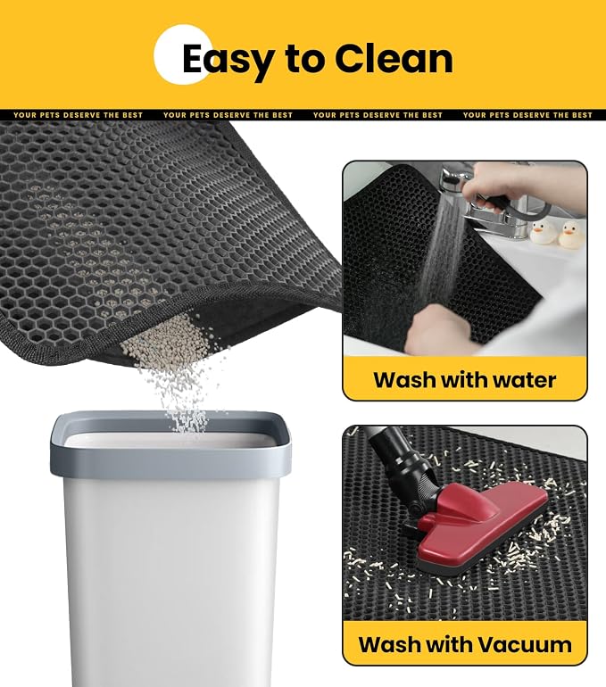 Cat Litter Trapping Mat, 24"x18" Universal Fit Litter Box Floor Mat, Hexagon Grids & Anti-Leak Base, Machine Washable, Non-Slip Kitty Mat for Most Homes, Black