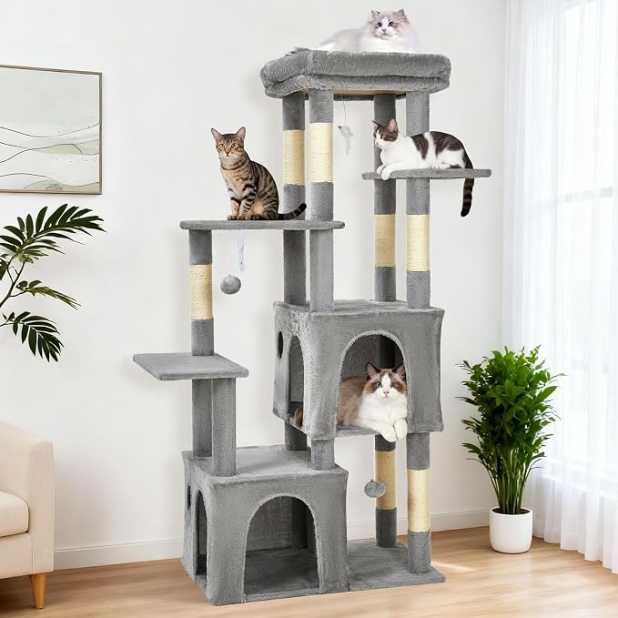 61" Large Cat Tree Tower for Indoor Cats, Heavy-Duty Multi-Level Cat Condo for Maine Coon & Big Cats with Extra-Large Perch, 2 Spacious Houses, Sisal Scratching Posts & Hanging Toys - Light Gray
