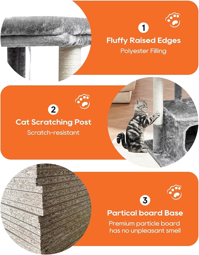 SYANDLVY 27IN Cat Tree for Indoor Cats Large Adult, Modern Activity Tower with Scratching Posts, Condo with Plush Perch, Climbing Stand with Spring Ball for Play, Grey