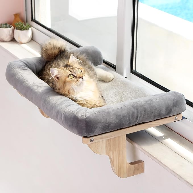 Zakkart Cat Perch for Window Sill with Bolster - Orthopedic Hammock Design with Premium Hardwood & Robust Metal Frame - Cat Window Seat for Large Cats - Natural Color Wood Gray Bed, 26.4''W