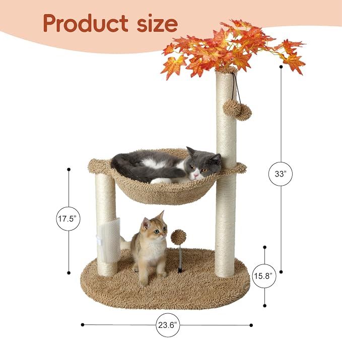 MECOOL Cat Tree Tower 32" Tall Scratching Post with Large Hammcok for Indoor Cats,Self-Massage Bursh Hanging Ball Toys,Maple,Beige