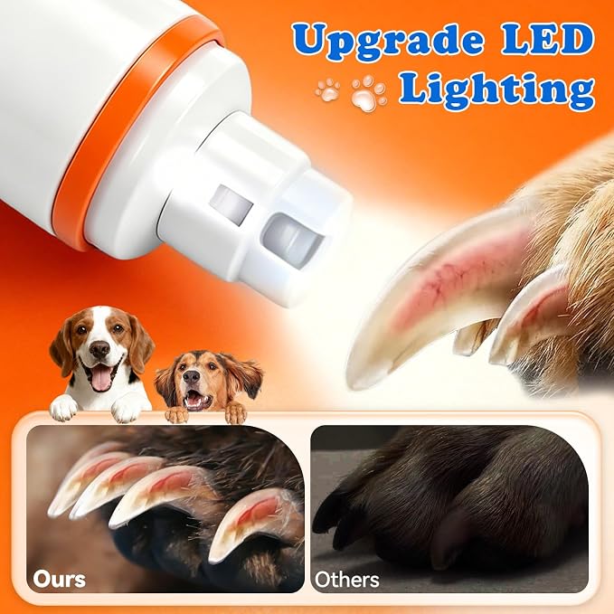 Dog Nail Grinder with LED Light – Quiet & Safe Pet Nail Trimmer for Small Medium Large Dogs & Cats, Cordless & Rechargeable, Low Noise Dog Nail Care for Beginners