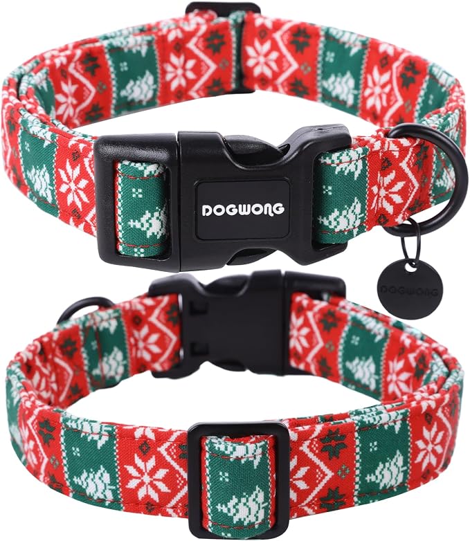 DOGWONG Christmas Cotton Dog Collar, Red Green Stripe Christmas Dog Collar Durable Soft Pet Collars Cute Red Necklace for Small Medium Dogs