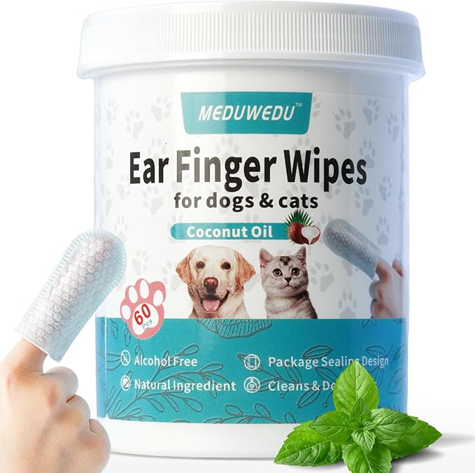 MEDUWEDU Ear Cleaner Finger Wipes 60 Counts, Dog Ear Cleaner, Grooming Kit Care for Dogs and Cats, Soft & Easy Otic Cleaning Pads, Remove Wax, Dirt & Stop Smelly, Itchy, Non-Irritating, Mint Scent