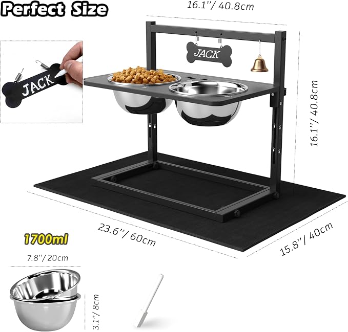 SHAINFUN Elevated Dog Bowls with Mat, Adjustable Height 4.3''-11.8'', Metal Stand, Two 1.7L Stainless Steel Food & Water Bowls for Large, Medium Dogs