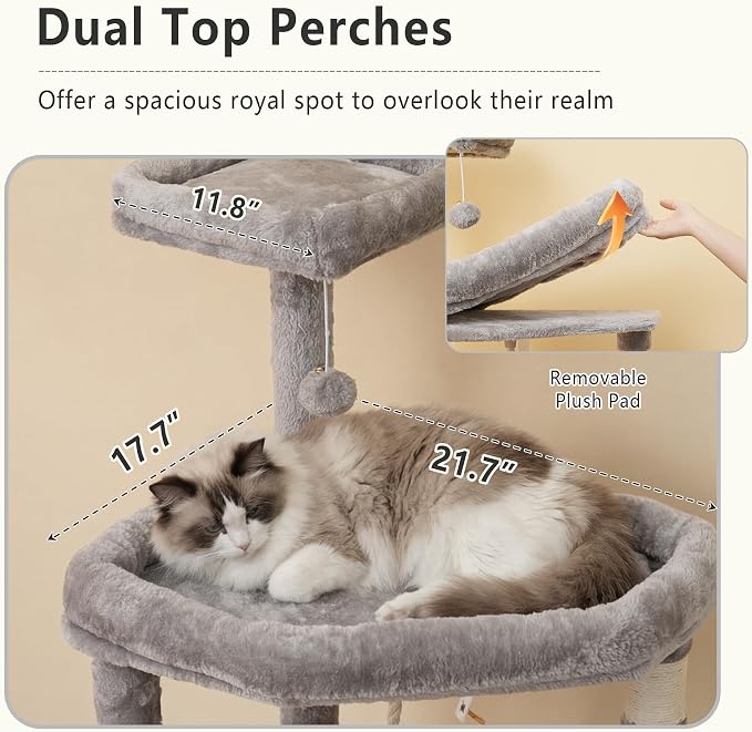 Heybly 64.2" Heavy-Duty Cat Tree for Large Cats with Wide Base HCT027W | Indoor Cat Tower with Scratching Posts & Board, Cat Furniture with Big Platforms, Extra-Large Hammock, Light Gray