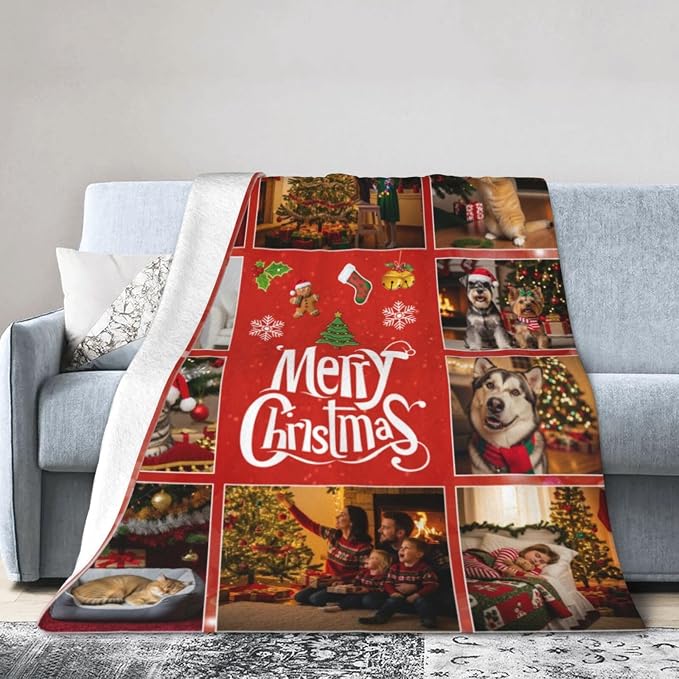 Nxwdwqa Personalized Christmas Dog Blanket Throws with Photos, Custom Christmas Pet Blanket, Dog Gifts for Pet Lovers, Customized Puppy Blanket for Adult Kid Birthday Fathers Mothers Valentines Gift
