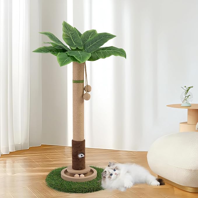 35" Tall Cat Scratching Post, Sisal Cat Scratcher Tree with Leaves,Interactive Cat Toys for Inddor Cats and Kitten