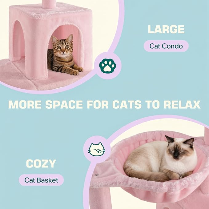 Allewie 29.5in Indoor Cat Tree, Multi-Level Cat Tower with Sisal Scratching Posts, Padded Perch, Basket, Condo, and Hanging Ball, Suitable for Kittens and Adult Felines, Pink