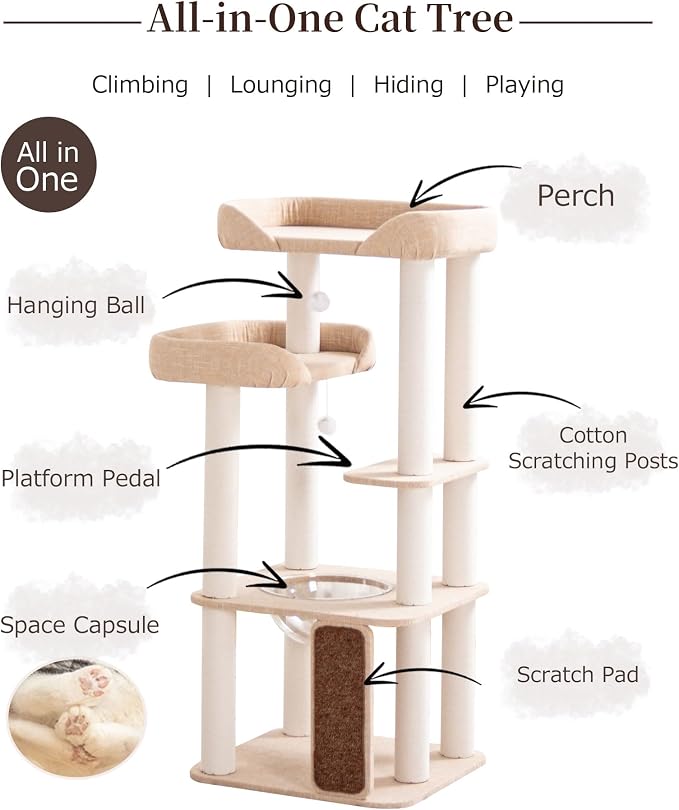 53'' Cat Tree for Large Cat, Modern Senior Friendly Cat Tower with Wide Shelves Low Step, Cotton Scratching Posts, Super Sturdy Base, Cozy Perches, and Interactive Toys (Ivory)