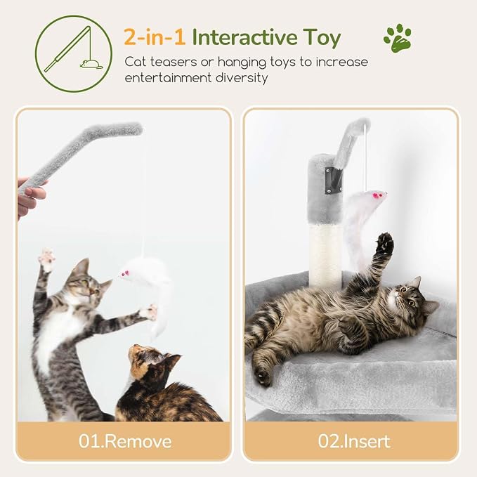 Globlazer F74B Cat Tree for Indoor Cats Large Adult, Multi-Cat, Light Grey | Easy Setup, 74in Tall Tower, Oversized Top Perch, 2 Large Condos, Hanging Basket, 5 Sisal Scratching Posts, Anti-Topple Strap