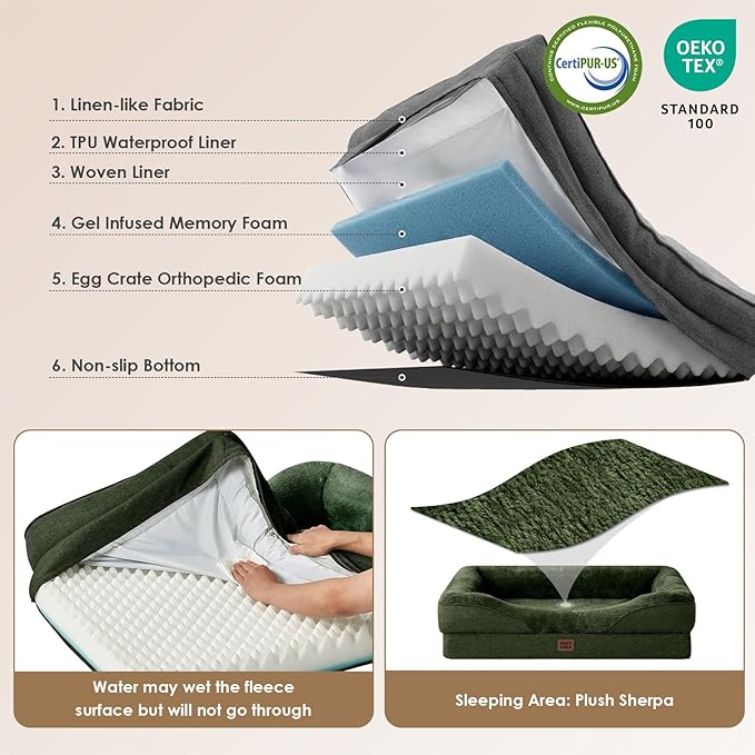 EHEYCIGA Orthopedic Dog Bed for Medium Dog, 30x20 Inch Memory Foam Dog Couch Bed with Sides, Waterproof Liner & Washable Removable Cover, Bolster Pet Sofa, Dark Green