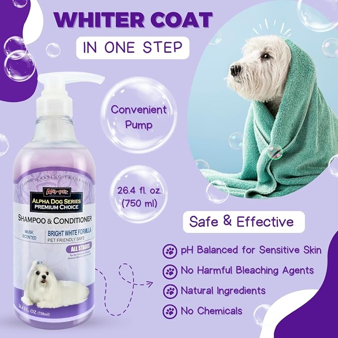 Bright White Grooming Natural Dog Shampoo and Conditioner with Aloe Vera, pH balanced Shampoo for Dogs, Tear-Free, Moisturizing Dog Shampoo for Sensitive Skin - 26.4 Oz