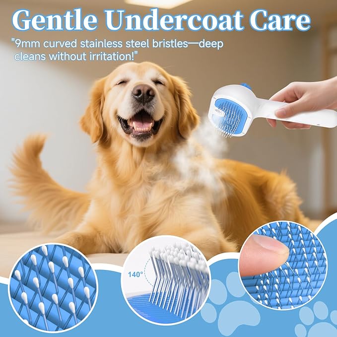 Pet Steam Brush for Dog & Cat - 3-in-1 Steam Grooming Brush for Shedding & Hair Removal - Self Cleaning Spray Comb with Mist for Long Haired Pets - Includes 2*Waterless Shampoo, Blue.