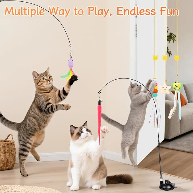 Atosun Interactive Cat Toys, 15PCS Cat Wand and Feather Toys for Indoor Cats, Reusable Suction Cup Toys for Kittens Play Exercise