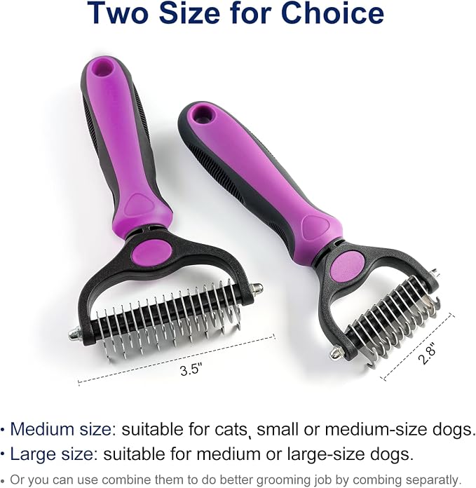 Grooming Rake for Dogs & Cats, Double-Sided Deshedding Brush, Extra-Wide Dematting Tool, Slicker Comb for Undercoat & Loose Hair Removal, Reduces Shedding by 95%, Purple, Small