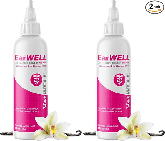 VetWELL Ear Cleaner for Dogs and Cats - Otic Rinse for Infections and Controlling Ear Infections and Odor in Pets - 8 oz (Sweet Pea Vanilla) (Pack of 2)