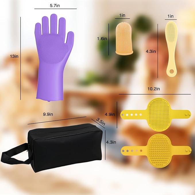 7PCS Pet Grooming Kit for Dogs and Cats | Dog Bath Brush | Washing Gloves | Cleanroom Gloves | Dog Shampoo Brush | Finger Toothbrushes | Storage Bag | All-in-One Pet Care (Purple)