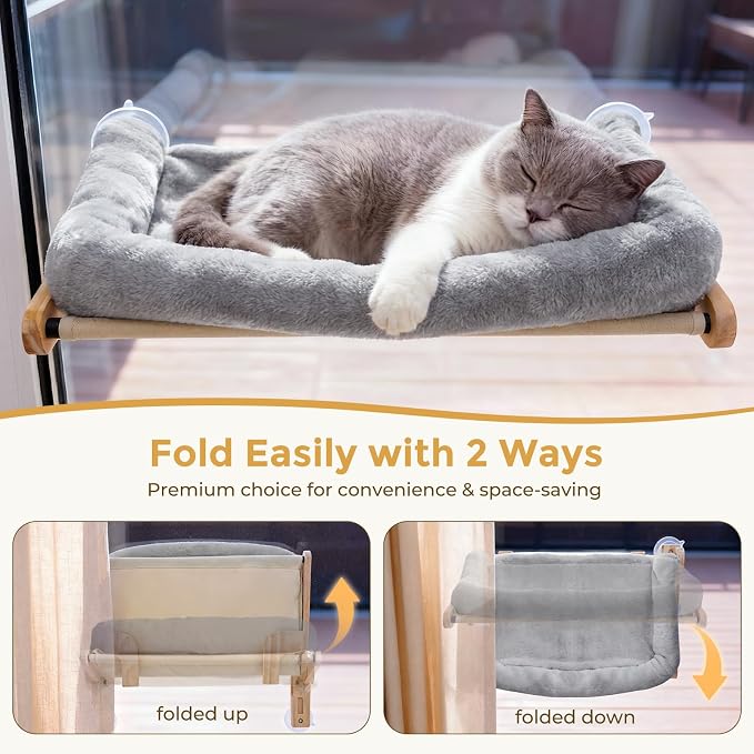 Pecute Cat Window Hammock Foldable, Cat Bed with Soft Cushion Grey, 26" L | Sturdy Wood Frame, Collapsible Large window perch with Strong Suction Cup for Indoor Cat, foldable Design, Soft Plush Surface