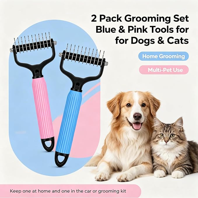 2 Pack Dog & Cat Brush for Shedding, 2-in-1 Undercoat Rake & Dematting Comb | Blue and pink double-sided grooming brushes for tangles, mats and loose undercoat on long, thick or double coats