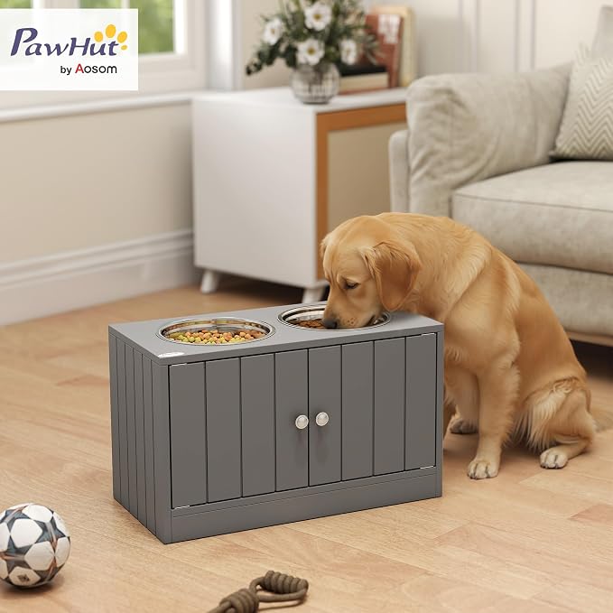 PawHut Large Elevated Dog Bowls with Storage Cabinet 44L Capacity Gray | Raised Dog Bowl Stand, Pet Feeding Station