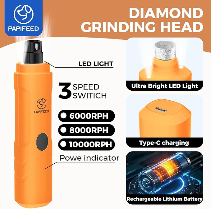 PAPIFFEED Dog Nail Clippers & Grinder with Manual Nail Clipper – Quiet 3-Speed Electric Dog Nail Trimmers with Dual LED, Rechargeable Pet Nail File for Dogs & Cats (Orange)