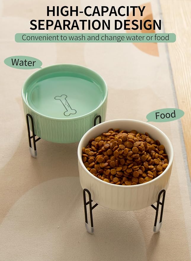 32 OZ Ceramic Dog Bowls with Metal Stand, 6.5 Inch Pet Food Water Bowl Set | Raised Pet Food Water Dish, 2 Heights, for Cats & Dogs, Prevent Neck Fatigue, White & Green