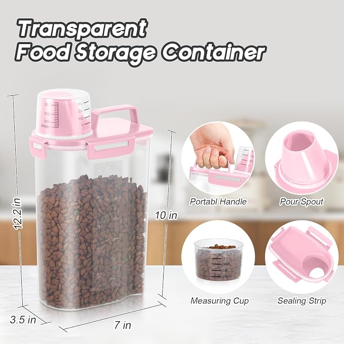 LEAWALK 8-12LBS Dog Food Storage Container, Upgraded Large Nozzle BPA-free, Plastic Pet Food Storage Containers With 4 Sealed Clasps, 1 Measuring Cup and Handle, Easy to Clean and Carry