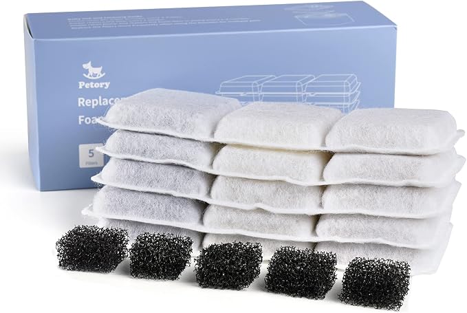 Petory 5 Replacement Filters & 5 Foam Filters for 74oz/2.2L Automatic Pet Water Fountain Cat Water Dispenser