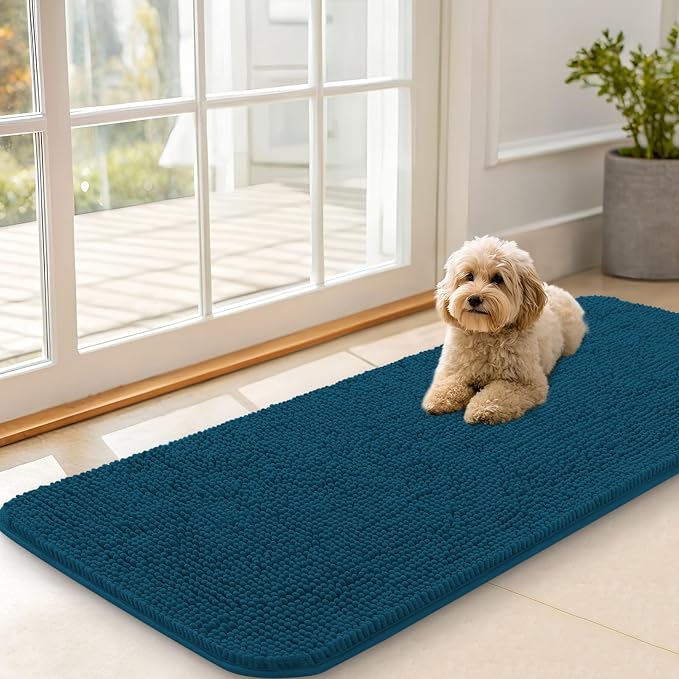 OLANLY Dog Door Mat for Muddy Paws 47x20, Super Absorbent Chenille Mud Mat | Atlantic Blue, Absorbs Moisture and Dirt, Non-Slip Machine Washable Doormat, Quick-Dry Indoor Entryway Floor Carpet for Dogs