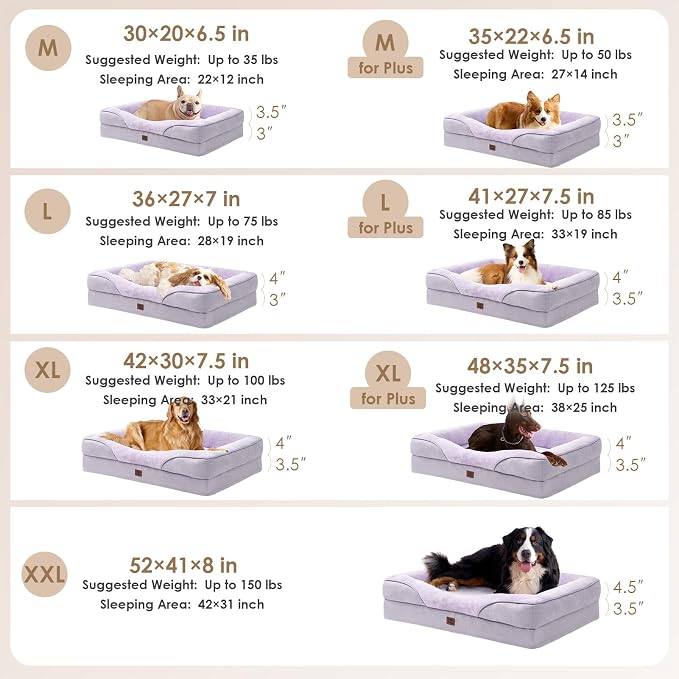 EHEYCIGA Orthopedic Dog Bed for Large Sized Dog, 36x27 Inch Large Memory Foam Dog Couch Bed with Sides, Waterproof Liner & Washable Removable Cover, Bolster Pet Sofa, Purple