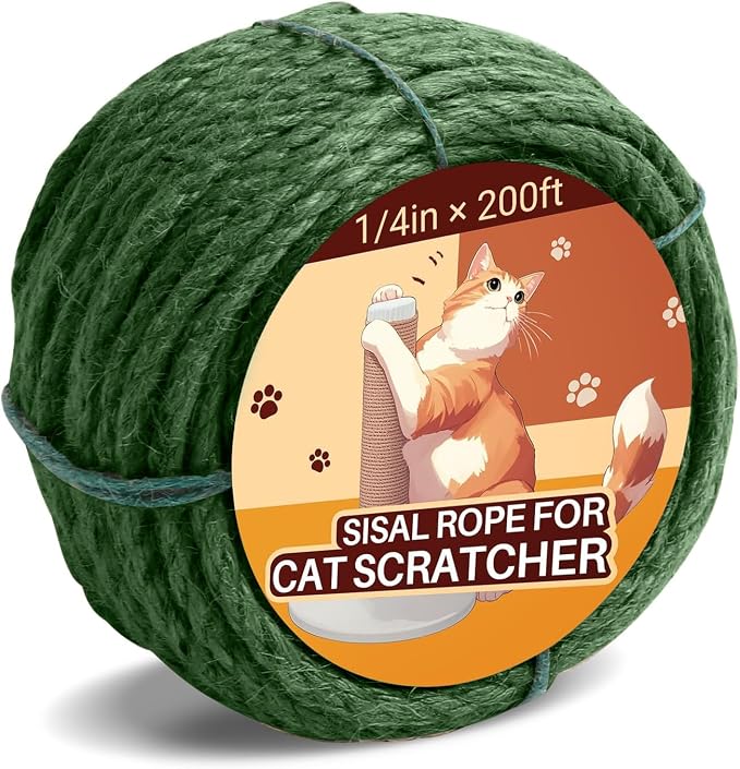Sisal Rope for Cat Scratcher 1/4" 200 Ft Cat Tree Twine for Repairing Cat Scratching Post Replacement DIY Hemp Rope for Carpet Mat, Pet, and Crafts Gardening Home Decorating